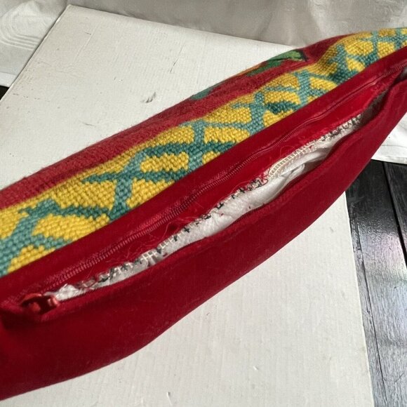 Vintage Needlepoint 15 Inch Pillow Retro Pink Red Black Flowers Velvet Colorful - Picture 4 of 6